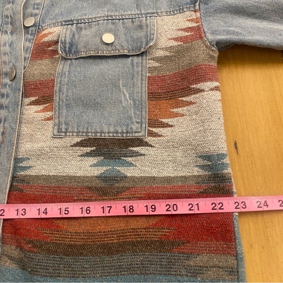 Denim Shacket Jacket Aztec Geometric Bohemian Colorful Woven Designs Unisex - Picture 4 of 9
